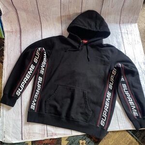 Supreme Black Hoodie Sleeve Logo Stripe Large Streetwear Pullover